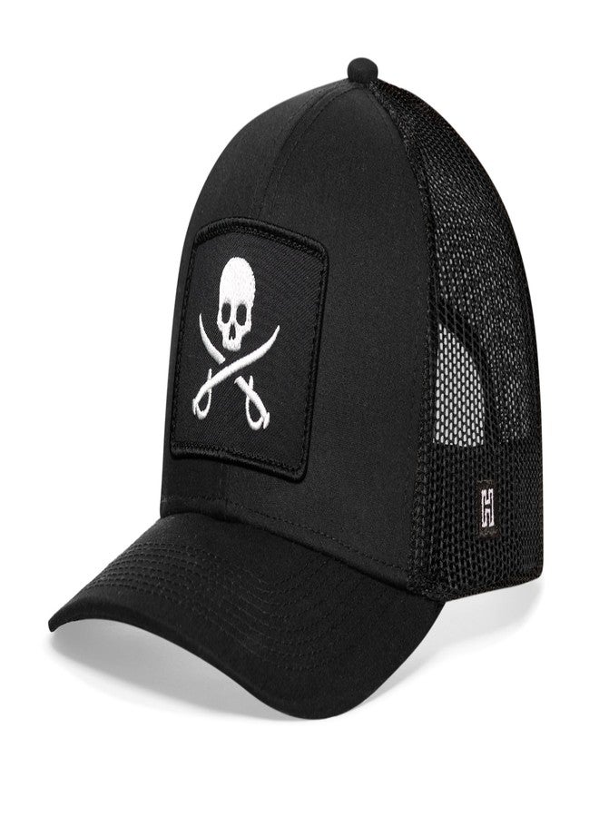 HAKA Jolly Roger Flag Black Trucker Hat - Jolly Roger Mesh Snapback Cap for Men, Women & Golf, Pirate Flag Design Baseball Dad Hat - Image 2